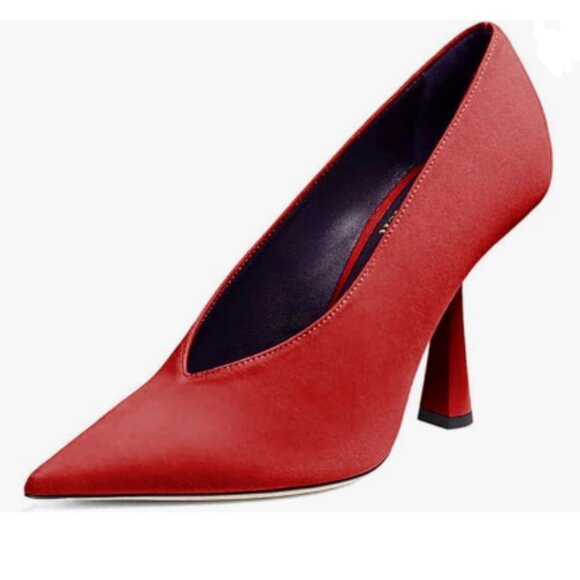 miss left Red V-Cut Closed Pointed Toe Pump Slip On High Heel Elegant Daily Shoe - Picture 1 of 8
